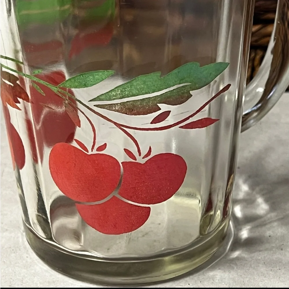 Vintage Glass Juice Ice Lip Pitcher With Cherry Motif